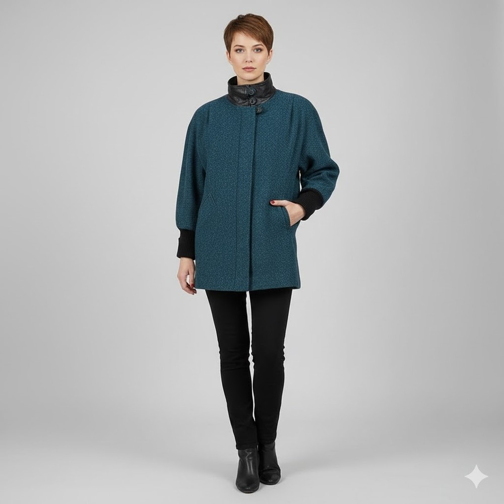Vintage PORTRAIT‎ Teal Blue Wool Leather Collar Knit Cuff Coat Jacket Fits Sz 10